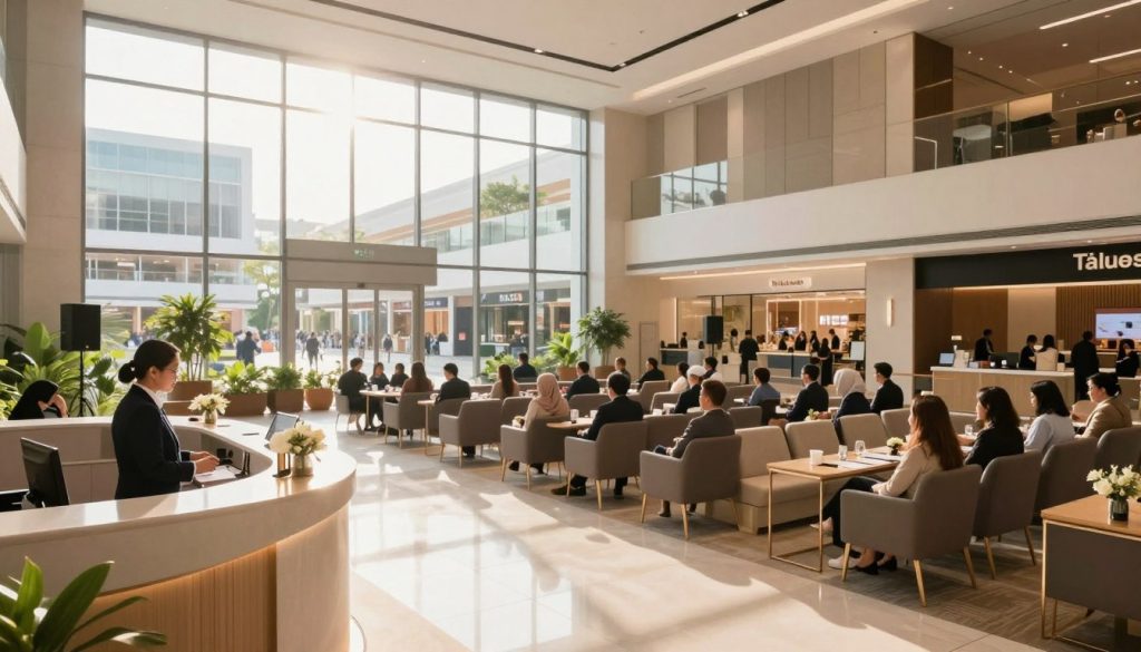 A spacious and modern event hall within Mall @ Alam Sutera, sunlight streaming through large glass windows, creating a bright and welcoming atmosphere. In the foreground, a sleek reception area with elegant decor and professional staff dressed in business attire greeting visitors. The middle ground features a variety of accessible seating arrangements for attendees, including spacious pathways for easy movement. Soft acoustic panels are visible on the walls, showcasing the venue's sound treatment. The background shows a bustling shopping area with greenery and modern storefronts, captured from a slightly elevated angle to emphasize the accessibility features. The lighting is warm and inviting, enhancing the serene and professional mood of the location, perfectly suited for a medical symposium.