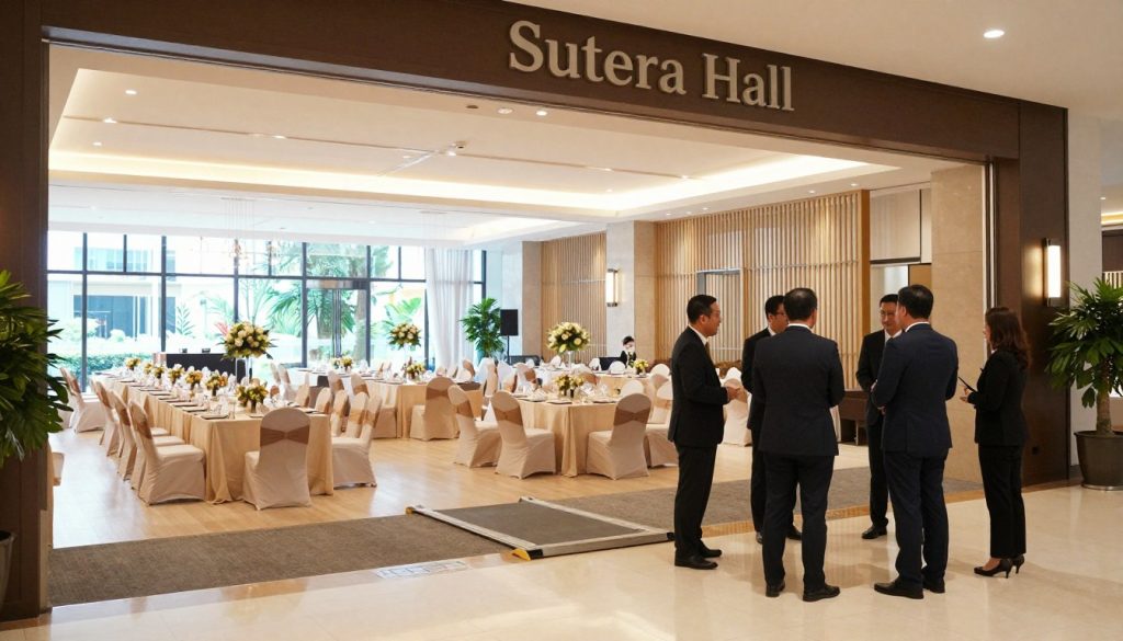 A spacious and modern event venue, Sutera Hall, located within Mall @ Alam Sutera. In the foreground, well-dressed professionals greet each other, showcasing accessibility features such as a wheelchair ramp and wide doorways. In the middle ground, elegantly set dining tables adorned with centerpieces and soft lighting create an inviting atmosphere. The background displays large windows with natural light flooding the space, and lush greenery can be seen outside. The overall mood is sophisticated and welcoming, perfect for a corporate gala. The image is captured with a wide-angle lens to emphasize the spaciousness of the venue, with soft, warm lighting that enhances the ambience.
