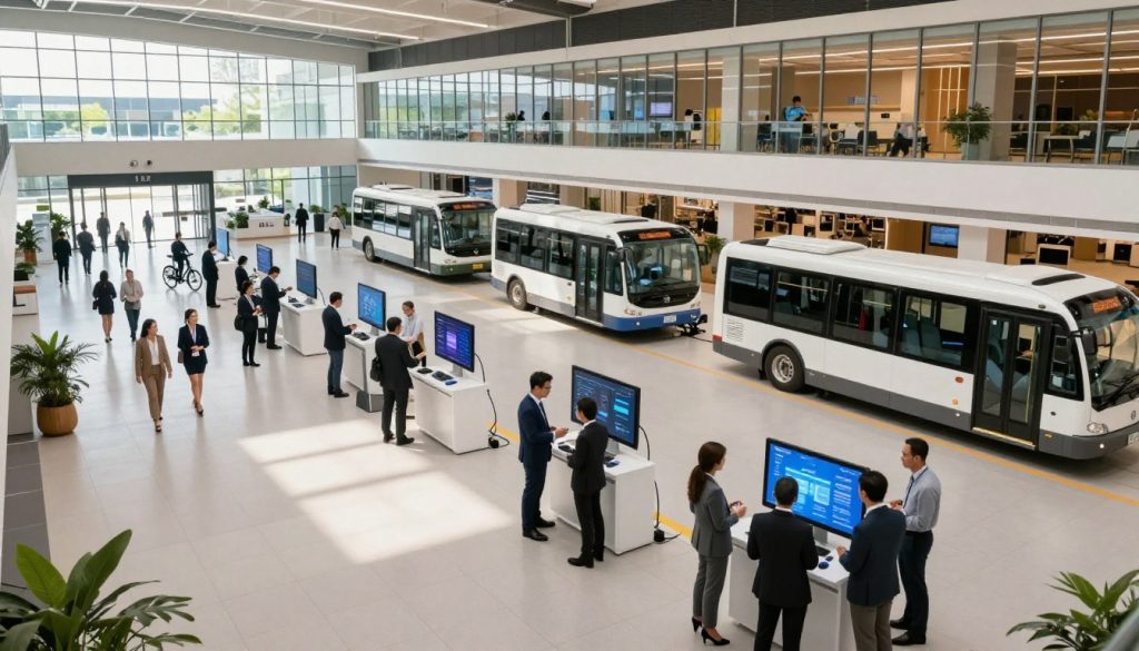 A spacious and modern logistics hub at Alam Sutera, featuring a seamless flow of people and goods. In the foreground, a diverse group of professionals in business attire interacts with digital displays and smart technology, symbolizing efficiency. The middle ground showcases sleek transportation options like electric shuttles and cargo bikes parked near a glass entrance leading to the mall. In the background, the striking architecture of the mall is visible, with large windows reflecting the vibrant environment. Natural daylight floods the scene, casting soft shadows and creating a welcoming atmosphere. Utilize a wide-angle lens effect to capture the scale and connectivity of the space, emphasizing accessibility and organization that support smooth logistics. The image should evoke a sense of professionalism, creativity, and forward-thinking design.