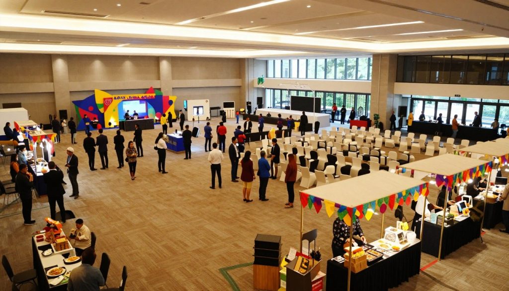 A spacious and versatile indoor event venue in Alam Sutera, designed for festivals and gatherings. The foreground features a well-organized standing room setup with colorful festival decorations, and neatly arranged food stalls. In the middle, a vibrant crowd enjoys the atmosphere, with attendees in professional business attire and modest casual clothing, engaging with interactive installations. The background displays expansive high ceilings with ambient lighting, large windows allowing natural light to pour in, and flexible seating arrangements that reflect adaptability. The overall mood is festive and welcoming, captured with a wide-angle lens to emphasize the venue's capacity. Soft, warm lighting adds an inviting glow, while the layout showcases the logistical advantages of hosting events in this space.