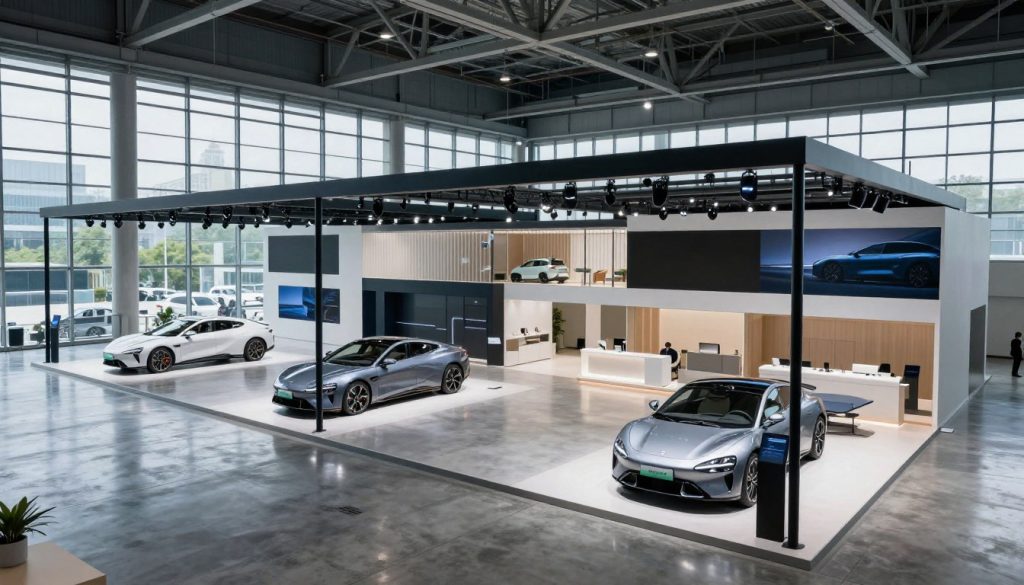A spacious automotive exhibition hall featuring state-of-the-art facilities and modern amenities. In the foreground, sleek, cutting-edge vehicles are displayed on polished concrete floors, reflecting ambient light. The middle ground showcases high-tech exhibition stands made of glass and metal, illuminated by adjustable LED lighting that highlights the vehicles. The background reveals tall glass windows allowing natural light to flood in, creating an inviting atmosphere. The color palette consists of cool tones, emphasizing a professional yet contemporary vibe. Capture this scene with a wide-angle lens to accentuate the hall's grandeur, ensuring a bright and engaging mood. No people are present, maintaining a focus on the magnificent space and its features.