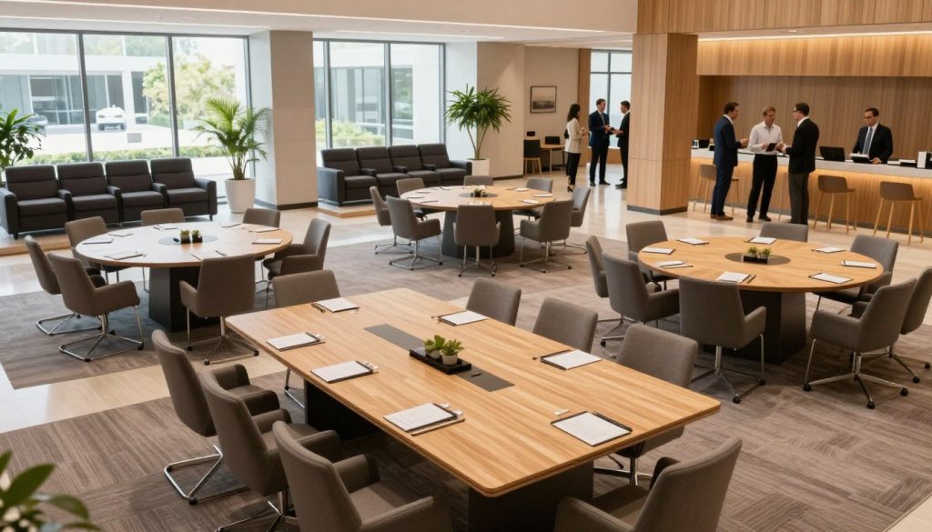 A spacious corporate event venue featuring diverse meeting rooms tailored for large gatherings. The foreground showcases a modern meeting room with a long, elegant conference table set for a presentation, with stylish chairs and notepads neatly arranged. In the middle ground, additional meeting rooms can be seen with various layouts: some with circular tables, others with theater-style seating. Large windows allow natural light to flood the space, creating a warm and inviting atmosphere. The background displays a grand lobby area with light wood finishes, vibrant plants, and professional attendees in business attire networking. The scene is bright, emphasizing productivity and collaboration, shot from a slightly elevated angle to capture the scale and variety of venues available.