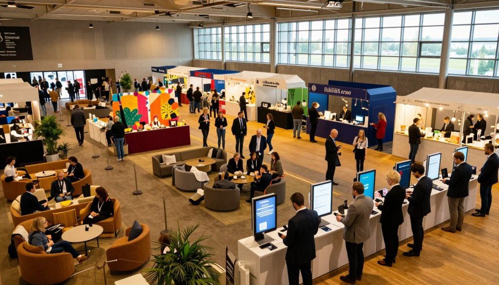 A spacious indoor festival venue, Sutera Hall, bustling with activity and well-structured logistics. In the foreground, a team of professionals in smart business attire is setting up user-friendly information kiosks and arranging comfortable seating for attendees. In the middle ground, festival-goers mingle, surrounded by vibrant decorations, efficient food and beverage stations, and clear signage directing traffic flow. The background showcases large windows allowing natural light to filter in, illuminating the ambiance of the hall. The lighting is warm and inviting, creating a lively yet organized atmosphere, while wide-angle capture emphasizes the scale and detail of the logistics. The overall feeling is one of excitement and professionalism, reflecting the comprehensive planning behind a successful indoor festival.
