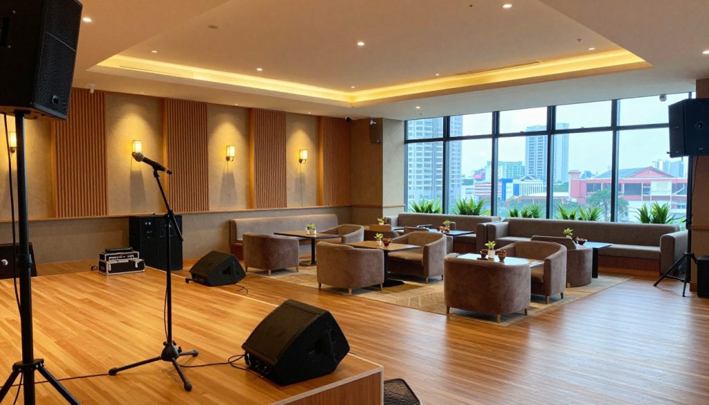 A spacious live music venue interior, showcasing a sophisticated layout. In the foreground, a polished wooden stage equipped with professional sound equipment, microphones, and an elegant backdrop. The middle ground features plush seating areas arranged for comfort, with tables that have stylish décor. Bright, warm lighting creates an inviting atmosphere, highlighting the acoustic paneling on the walls designed for optimal sound. In the background, large windows provide a view of the vibrant Banten cityscape, with soft natural light filtering in. The entire scene captures a lively yet professional ambiance suitable for diverse musical performances, emphasizing the combination of acoustics and comfort. A clear perspective from a slight angle to give depth, with emphasis on the details of the facilities.