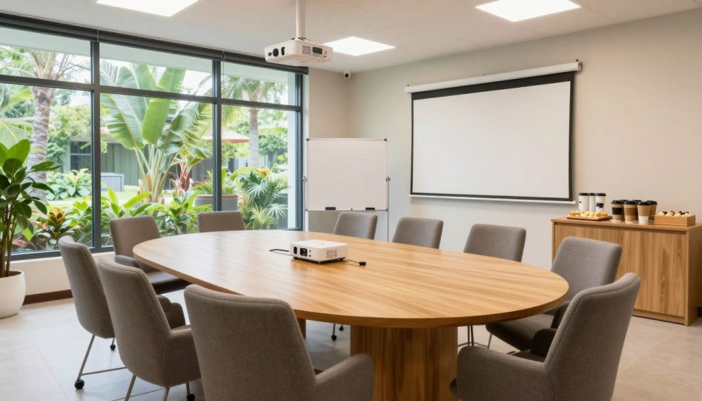 A spacious, well-lit training room designed for professional seminars. In the foreground, a large, oval wooden table surrounded by comfortable, ergonomic chairs, all set up for a group training. Bright, natural light pours in from large windows with views of lush greenery outside, creating a fresh ambiance. In the middle ground, see modern presentation equipment like a projector and a whiteboard, ready for use. On one side, a refreshment station with coffee and pastries complements the inviting atmosphere. In the background, subtle but elegant decor adds sophistication, with soft colors and plants. The scene conveys productivity and collaboration, with a warm, inviting mood that encourages learning and interaction.
