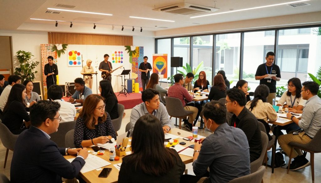 A vibrant and lively indoor community hub in Alam Sutera, filled with creative individuals engaged in various activities. In the foreground, a diverse group of people in professional business attire and modest casual clothing congregates around tables, discussing ideas and sharing experiences. The middle ground features a stage set up for performances, adorned with colorful decorations, and art installations. The background showcases large windows that allow natural light to flood the space, creating a warm and inviting atmosphere. Soft, ambient lighting enhances the sense of creativity and collaboration. The angle captures both the energy of interaction and the inviting arrangement of the space, emphasizing the essence of a community gathering focused on unique experiences.