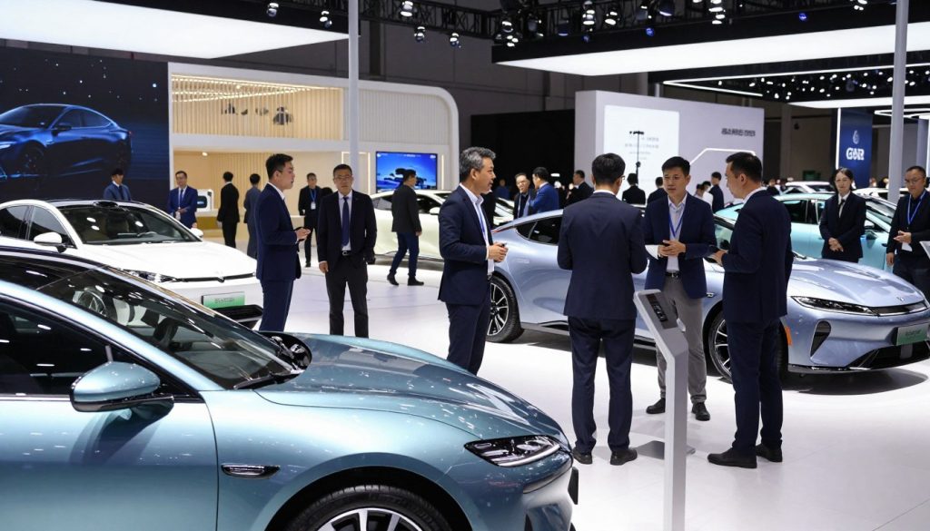 A vibrant automotive exhibition scene, showcasing the latest advancements in vehicle technology. In the foreground, sleek electric cars with futuristic designs are prominently displayed, highlighting their glossy finishes and innovative features. The middle grounds feature attendees in professional business attire, engaged in discussions, and examining the vehicles. They represent diverse ethnicities, conveying a global automotive community. The background reveals banners and booths with cutting-edge automotive technology, illuminated by bright, dynamic lighting that enhances the excitement of the event. A wide-angle perspective captures the bustling atmosphere, emphasizing the integration of innovation and industry connection, with a focus on collaboration and progress in the automotive sector.