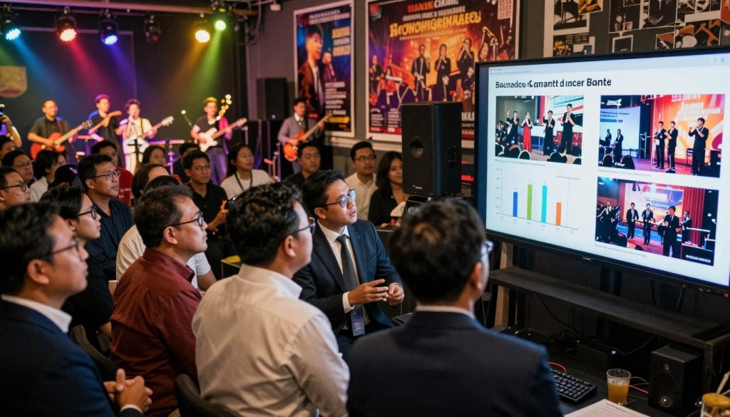 A vibrant, bustling live music performance venue in Banten, showcasing an array of past event highlights. In the foreground, a diverse group of professionals in smart business attire is engaged in a discussion, analyzing charts and images of past successful events displayed on a large screen. The middle ground features an audience captivated by a live band performing energetically, with colorful lights illuminating the stage and creating a lively atmosphere. In the background, large posters and memorabilia from past events adorn the walls, hinting at the venue's history. The lighting is warm and inviting, capturing the excitement of live performances, while providing a sense of nostalgia. The image conveys a mood of celebration and reflection, emphasizing the importance of past achievements in shaping future successes.