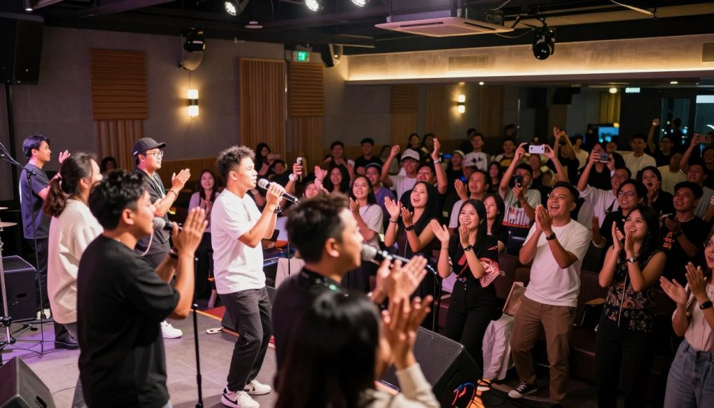 A vibrant live music venue in Alam Sutera, Banten, bustling with energy and excitement. In the foreground, a diverse group of musicians performs on stage, dressed in smart casual attire, passionately engaging with the audience. The middle ground captures an enthusiastic crowd, clapping and swaying to the rhythm, with some fans capturing the moment on their phones. The background features a stylishly designed interior, with acoustic panels, soft booths, and ambient lighting that casts a warm glow across the space. The atmosphere is lively and welcoming, evoking the joy of live music experience. The scene is shot from a low angle to emphasize the stage presence, with soft focus on the audience, creating an immersive perspective that showcases the dynamic energy of the venue.