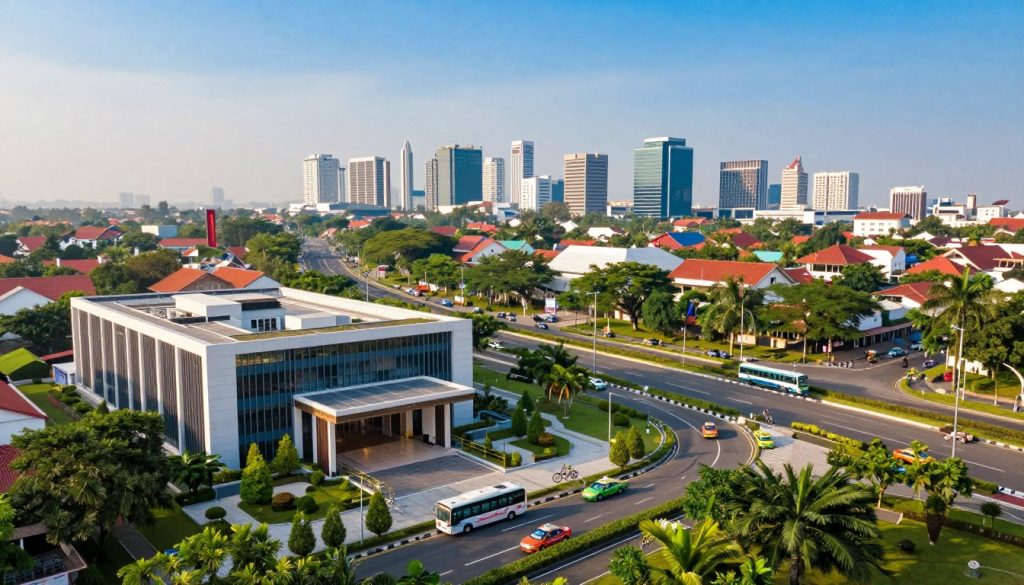 A vibrant, panoramic view of Tangerang showcasing its strategic location connectivity. In the foreground, a modern corporate venue with sleek architecture and a welcoming entrance, surrounded by lush greenery. In the middle ground, a well-planned road network with a variety of transportation options like buses, taxis, and bicycles, connecting to key areas. The background features a dynamic city skyline with recognizable landmarks under a clear blue sky, symbolizing accessibility. Soft, natural lighting illuminates the scene, creating a warm and inviting atmosphere. The angle should be slightly elevated, providing a comprehensive perspective of the location's connectivity, ideal for showcasing Tangerang as the perfect event destination.