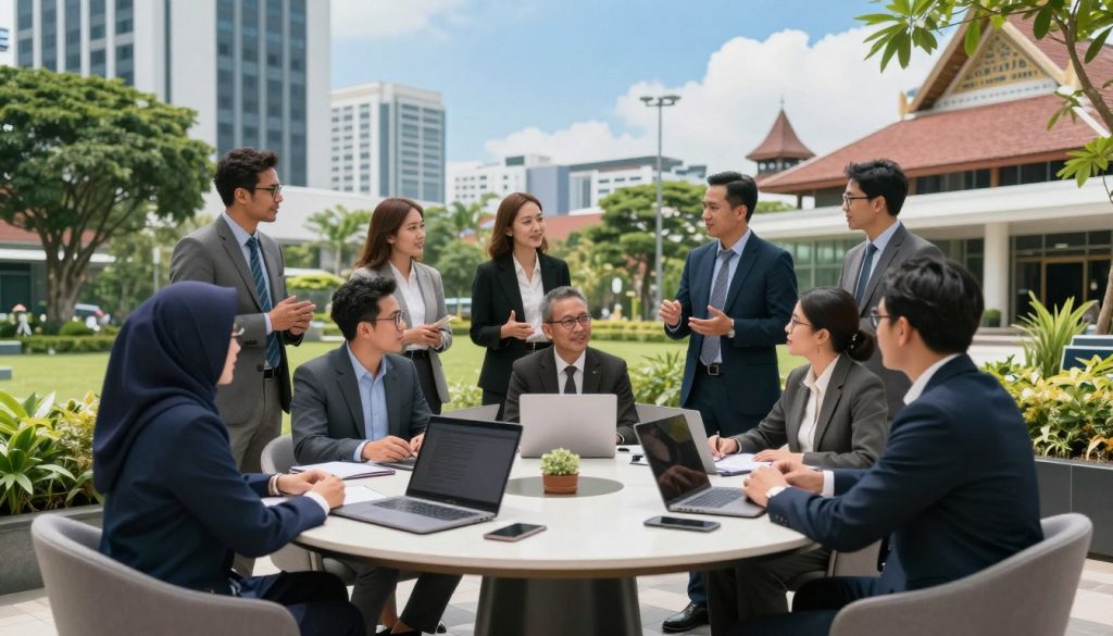 A vibrant scene depicting individuals in professional business attire engaged in meetings outdoors in the iconic districts of Tangerang. The foreground features a stylish roundtable set up with laptops and notepads, surrounded by lush greenery and modern architecture indicative of Tangerang. In the middle ground, diverse professionals (a mix of men and women) are animatedly exchanging ideas, with some standing and others seated, reflecting collaboration. The background showcases distinctive Tangerang landmarks, such as tall buildings and unique cultural structures, with clear blue skies overhead. The lighting is bright and inviting, casting soft shadows that enhance the atmosphere of productivity and inspiration. The overall mood is energetic and optimistic, emphasizing the potential for successful meetings in Tangerang's dynamic surroundings.