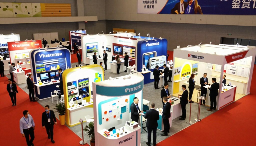 A vibrant trade show exhibition hall scene showing diverse layout options for maximizing booth traffic. In the foreground, well-organized booths featuring innovative designs with interactive displays and engaging visuals, showcasing products attractively. In the middle ground, a variety of booth configurations—L-shaped, island, and inline—filled with visitors engaging with representatives in professional business attire, discussing products and exchanging materials. The background includes a spacious hall with large banners and bright lighting creating an inviting atmosphere. The angle captures a dynamic perspective, emphasizing the flow of attendees, warm lighting highlighting the vibrant colors of the booths, and a buzz of excitement permeating the air.