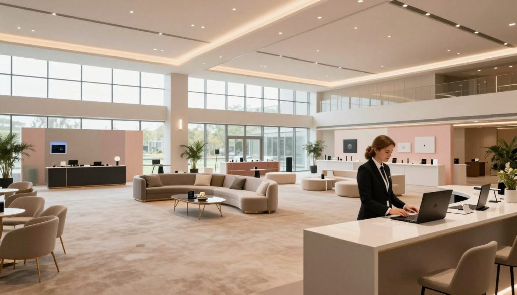 A wide, open space showcasing the flexible event areas of Sutera Hall, featuring an elegant and modern interior design with high ceilings and large, unobstructed windows allowing natural light to flood the room. The foreground captures a sleek registration desk manned by a professional in business attire, welcoming guests. In the middle, the expansive event space is arranged for a high-profile product launch, with stylish seating arrangements and tasteful decor. The background includes pastel-colored walls and minimalistic artwork, enhancing the spacious feel. Soft, diffused lighting creates a warm and inviting atmosphere, while a subtle depth of field emphasizes the venue's luxurious vibe. The overall mood is one of sophistication and versatility, perfect for any corporate event.