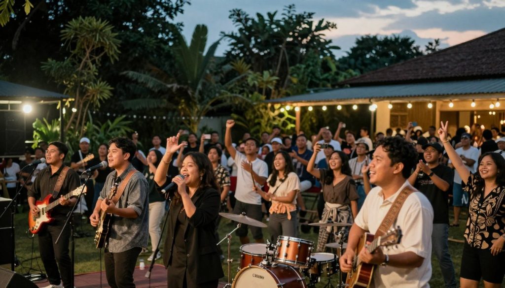 An atmospheric scene capturing a historical live music event in an outdoor venue in Banten. Foreground features a diverse group of musicians, including a guitarist, a vocalist, and a drummer, all dressed in professional attire, passionately performing on stage. The middle ground displays an enthusiastic audience, dressed casually, enjoying the show, with some dancing and others capturing the moment on their phones. In the background, the venue is framed by lush greenery and ambient lighting, with vintage string lights twinkling against a twilight sky. The scene is illuminated by soft, warm lighting that gives a nostalgic feel, showcasing the emotional connection between the performers and the crowd. The angle is slightly elevated, providing a comprehensive view of the vibrant atmosphere and engagement of attendees.