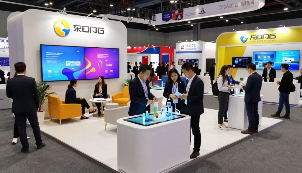 An innovative trade show booth design showcasing proven engagement strategies to maximize traffic. In the foreground, a modern booth with interactive digital displays and engaging product demos, featuring professional individuals in business attire interacting with attendees. The middle ground includes a vibrant presentation area with eye-catching visuals and comfortable seating for discussions. In the background, the bustling exhibition hall filled with colorful booths, attendees networking, and banners promoting various exhibitors. Bright, ambient lighting enhances the inviting atmosphere, highlighting the booth's design elements. Shot from a slightly elevated angle for a comprehensive view, this image captures the dynamic energy of a successful trade show environment.