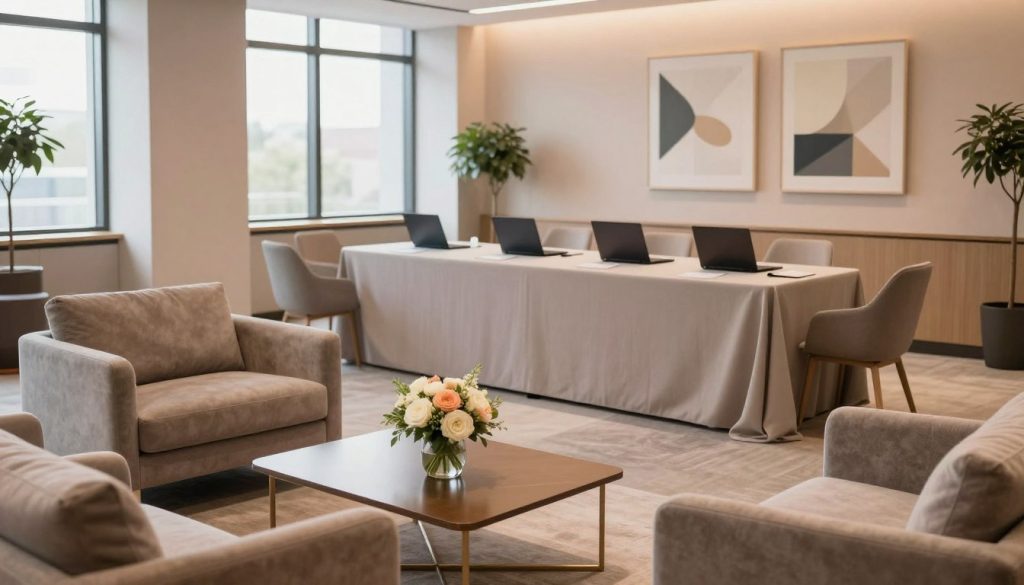 A beautifully styled corporate event venue featuring modern interior design. In the foreground, an elegantly arranged seating area with plush chairs and a stylish coffee table adorned with fresh flowers. The middle ground showcases a minimalist conference setup with a long table draped in a neutral-colored tablecloth, equipped with sleek laptops and notepads, surrounded by contemporary chairs. The background reveals large windows allowing natural light to flood the space, highlighting soft pastel wall colors and tasteful artwork. Soft ambient lighting creates a warm and inviting atmosphere. The scene is shot from a slightly elevated angle to capture the layout and elegance, ensuring a professional look suitable for corporate gatherings. The overall mood is sophisticated yet approachable, emphasizing inspiration in interior decoration.