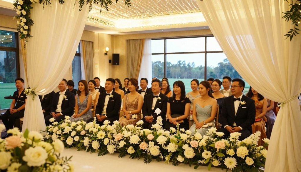 A breathtaking wedding setting at Sutera Hall, showcasing an elegant ceremony in progress. In the foreground, a beautifully arranged altar adorned with lush white and pastel floral arrangements. The middle ground features elegantly dressed guests in formal attire, enjoying the event under soft, golden ambient lighting. Luxurious white drapes frame the scene, complemented by twinkling fairy lights creating a romantic atmosphere. In the background, large windows reveal a picturesque view of nature, enhancing the serene vibe. The composition captures an intimate moment of celebration, with gentle smiles and laughter among the attendees. A sense of joy and elegance permeates the image, reflecting a spectacular wedding event in a stunning venue.