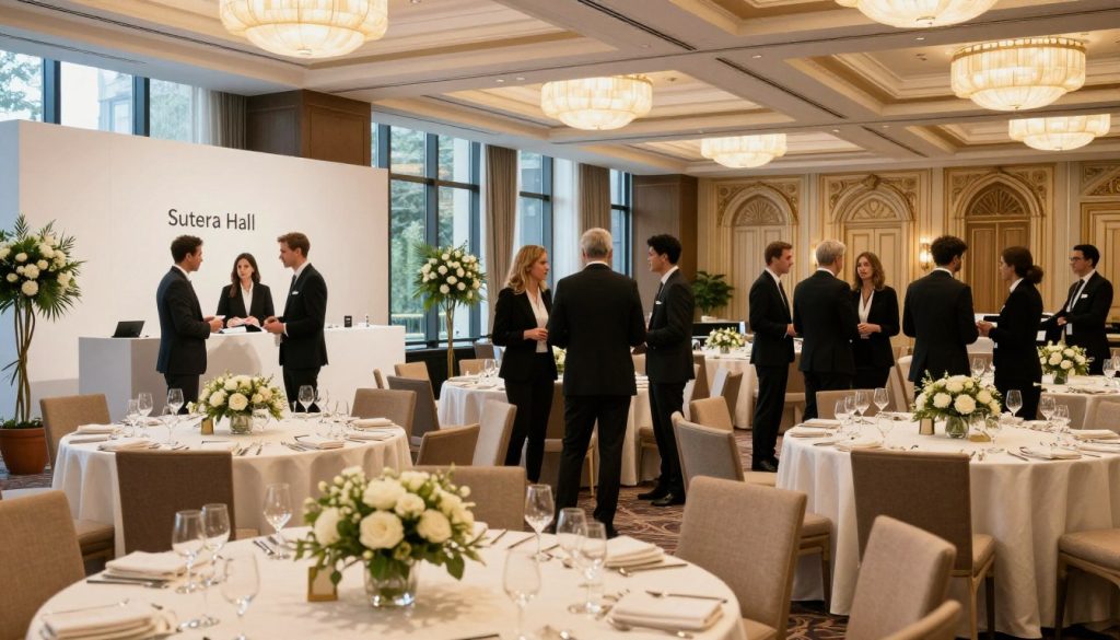 A comparative image showcasing Sutera Hall alongside other venues, designed to highlight their unique features. In the foreground, a beautifully arranged event setup in Sutera Hall, with elegant tables adorned with white linens and floral centerpieces, reflecting an upscale corporate atmosphere. In the middle, a visual comparison with the other venues, each distinct in décor and layout—one with modern minimalist design and another with classic ornate styling. The background features large windows allowing soft, natural light to filter in, creating a warm and inviting ambiance. The scene captures a professional environment, with individuals dressed in smart business attire, mingling and engaging in conversations. The overall mood is sophisticated and dynamic, emphasizing the attractiveness of Sutera Hall compared to its peers, with a focus on elegance and professionalism.
