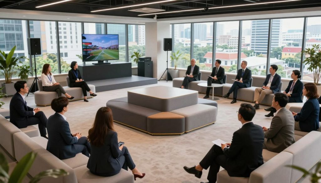 A flexible event space designed for various functions, showcasing a modern aesthetic. The foreground features an elegantly arranged seating area with professional business attendees, dressed in smart casual attire, engaged in conversation. In the middle, a sleek central stage is equipped with advanced audio-visual equipment, surrounded by modular furniture that can be easily reconfigured. The background showcases large windows with natural light flooding in, revealing a vibrant cityscape of Tangerang. The lighting is bright and welcoming, enhancing the professional atmosphere. Capture the scene from a slightly elevated angle to emphasize the spaciousness and versatility of the environment, creating a mood of innovation and collaboration, ideal for corporate events and gatherings. A flexible event space designed for various functions, showcasing a modern aesthetic. The foreground features an elegantly arranged seating area with professional business attendees, dressed in smart casual attire, engaged in conversation. In the middle, a sleek central stage is equipped with advanced audio-visual equipment, surrounded by modular furniture that can be easily reconfigured. The background showcases large windows with natural light flooding in, revealing a vibrant cityscape of Tangerang. The lighting is bright and welcoming, enhancing the professional atmosphere. Capture the scene from a slightly elevated angle to emphasize the spaciousness and versatility of the environment, creating a mood of innovation and collaboration, ideal for corporate events and gatherings.