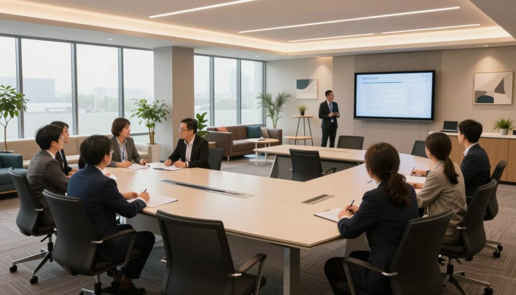 A flexible seminar and training space designed for corporate events, showcasing a modern interior. In the foreground, a long, sleek conference table with comfortable ergonomic chairs arranged in a semi-circle. Professional individuals in business attire engage in discussion, reflecting collaboration and innovation. In the middle ground, various seating arrangements with movable furniture, including a few high-top tables and lounge areas, create an adaptable environment. A large screen displays presentation materials. In the background, floor-to-ceiling windows let in ample natural light, illuminating the space with a warm and inviting ambiance. The walls are adorned with subtle artworks and greenery for a fresh touch. The overall atmosphere is conducive to learning and creativity.