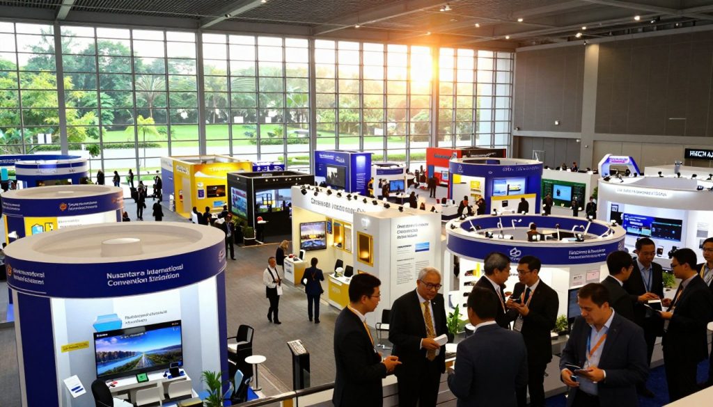 A grand view of the Nusantara International Convention Exhibition, showcasing a large-scale international conference in progress. In the foreground, professionals in business attire are engaged in discussions, with some networking. The middle ground features spacious exhibition halls filled with vibrant booths and displays, adorned with high-tech lighting. In the background, large glass windows reveal a lush green landscape, illuminated by warm, natural light streaming in, creating an inviting atmosphere. The architectural design of the venue is modern and impressive, emphasizing its capacity to host significant events. The scene conveys a bustling ambiance of collaboration and innovation, ideal for international events and large conferences. A grand view of the Nusantara International Convention Exhibition, showcasing a large-scale international conference in progress. In the foreground, professionals in business attire are engaged in discussions, with some networking. The middle ground features spacious exhibition halls filled with vibrant booths and displays, adorned with high-tech lighting. In the background, large glass windows reveal a lush green landscape, illuminated by warm, natural light streaming in, creating an inviting atmosphere. The architectural design of the venue is modern and impressive, emphasizing its capacity to host significant events. The scene conveys a bustling ambiance of collaboration and innovation, ideal for international events and large conferences.