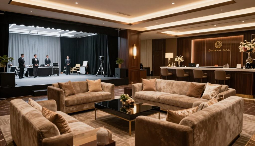 A luxurious VIP area and backstage venue at Sutera Hall in Tangerang. The foreground features plush, modern seating with elegant cushions, surrounded by soft, ambient lighting that creates a warm and inviting atmosphere. In the middle ground, dark wood accents and tasteful decorations enhance the sophistication, while a small stage setup is visible, hinting at an upcoming event. The background reveals a glimpse of backstage setup with equipment, curtains, and attentive staff in professional business attire, ensuring a seamless experience. The scene is well-lit, emphasizing the contrast between the glamorous VIP section and the functional backstage area. Capture the mood of elegance and anticipation, shot with a wide-angle lens to include both spaces harmoniously. A luxurious VIP area and backstage venue at Sutera Hall in Tangerang. The foreground features plush, modern seating with elegant cushions, surrounded by soft, ambient lighting that creates a warm and inviting atmosphere. In the middle ground, dark wood accents and tasteful decorations enhance the sophistication, while a small stage setup is visible, hinting at an upcoming event. The background reveals a glimpse of backstage setup with equipment, curtains, and attentive staff in professional business attire, ensuring a seamless experience. The scene is well-lit, emphasizing the contrast between the glamorous VIP section and the functional backstage area. Capture the mood of elegance and anticipation, shot with a wide-angle lens to include both spaces harmoniously.