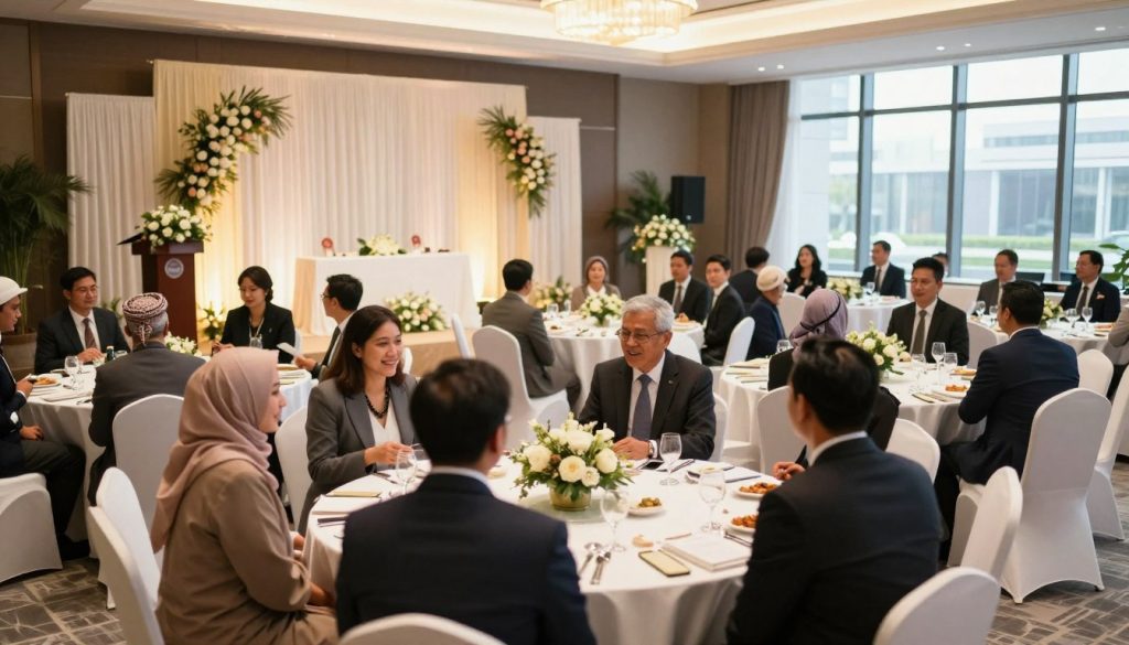 A luxurious corporate event space designed for a halal bihalal gathering, featuring elegant round tables set with white tablecloths and tasteful centerpieces of fresh flowers. In the foreground, diverse professionals in formal business attire engage in conversation, exuding warmth and camaraderie. The middle ground showcases a beautifully decorated stage with soft, ambient lighting and traditional ornaments, creating a welcoming atmosphere. In the background, large windows allow natural light to flood in, enhancing the venue's spacious feel. The overall mood is festive yet professional, embodying unity and celebration. The image focuses on the vitality of the gathering, capturing the essence of a premium halal bihalal corporate venue. A luxurious corporate event space designed for a halal bihalal gathering, featuring elegant round tables set with white tablecloths and tasteful centerpieces of fresh flowers. In the foreground, diverse professionals in formal business attire engage in conversation, exuding warmth and camaraderie. The middle ground showcases a beautifully decorated stage with soft, ambient lighting and traditional ornaments, creating a welcoming atmosphere. In the background, large windows allow natural light to flood in, enhancing the venue's spacious feel. The overall mood is festive yet professional, embodying unity and celebration. The image focuses on the vitality of the gathering, capturing the essence of a premium halal bihalal corporate venue.