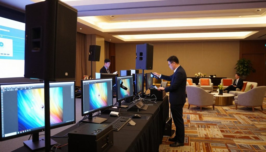 A modern audio-visual technology setup in a sleek corporate event space at Sutera Hall. In the foreground, high-definition screens displaying vibrant visual presentations and a sophisticated sound system with sleek speakers. In the middle, professional technicians adjusting lighting and sound equipment, dressed in business attire, ensuring everything runs smoothly. The background features elegantly arranged seating with a mix of modern furniture and stylish decor, all under warm, ambient lighting that creates an inviting atmosphere. The scene captures a blend of innovation and professionalism, emphasizing the advanced technology designed for corporate events. The perspective is slightly angled to showcase the depth of the venue and the intricate details of the equipment.
