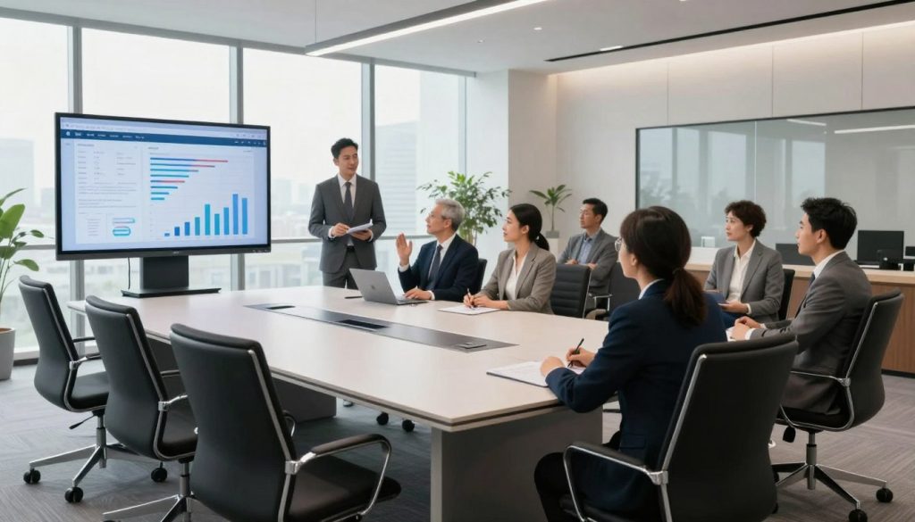 A modern business meeting room featuring advanced audio-visual technology. In the foreground, a sleek conference table with high-backed ergonomic chairs, complemented by a large, interactive touchscreen monitor displaying graphs and presentations. In the middle, professional attendees dressed in smart business attire engaged in discussion, showcasing a diverse group of individuals. The background reveals floor-to-ceiling windows with ample natural light, creating an inviting atmosphere, and contemporary decor with subtle greenery. The lighting is bright yet soft, emphasizing a productive and motivational mood. Use a wide-angle perspective to capture the entire scene, showcasing the blend of functionality and modern design in a professional setting.