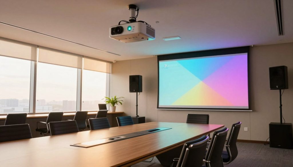 A modern conference room showcasing advanced audio-visual technology. In the foreground, a sleek, high-definition projector is mounted on the ceiling, casting a vibrant presentation onto a large screen. Below, a professional conference table is surrounded by chairs, all elegantly designed in a contemporary style. In the middle ground, sophisticated speakers are strategically placed around the room, enhancing the sound experience. The background features large windows with natural light streaming in, illuminating the space with a warm, inviting glow. The atmosphere is focused and energetic, suitable for productive discussions. Use a wide-angle lens to capture the expansive layout, ensuring the lighting highlights the modern features. The overall mood is one of innovation and professionalism, perfect for a successful event.