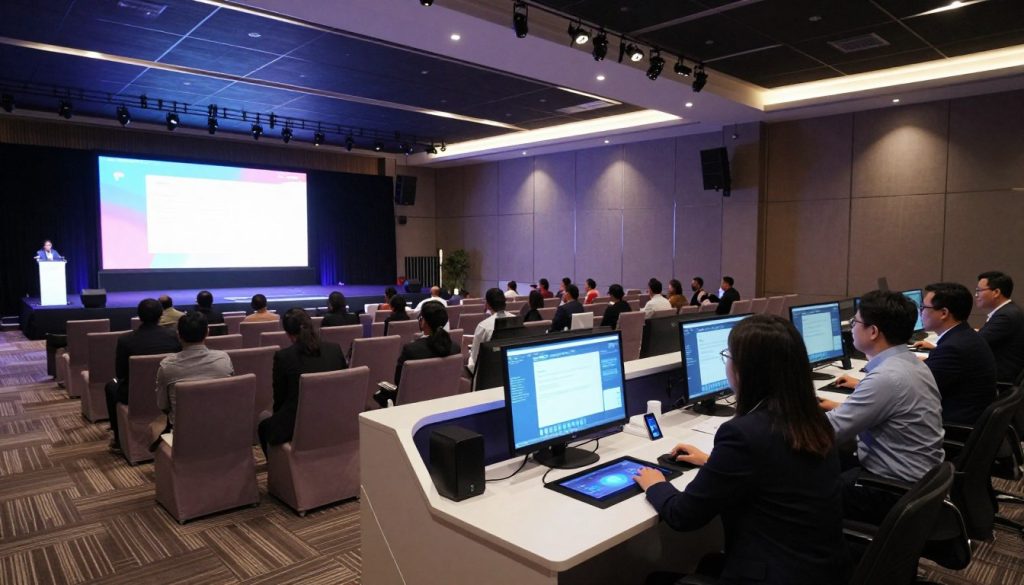 A modern conference venue featuring advanced technology and event support systems. In the foreground, a team of professionals dressed in business attire collaborates at a sleek, high-tech presentation station, showcasing interactive displays and digital touchscreens. The middle ground includes rows of comfortable seating arranged for an engaging seminar, with subtle ambient lighting highlighting the space. In the background, a large projection screen displays vibrant graphics, and the walls are lined with soundproof panels and sophisticated lighting fixtures. The atmosphere is dynamic and inspiring, reflecting a cutting-edge MICE environment in Tangerang, perfect for hosting innovative events. The image captures a blend of modern design and functionality, showcasing the essence of high-tech event solutions. A modern conference venue featuring advanced technology and event support systems. In the foreground, a team of professionals dressed in business attire collaborates at a sleek, high-tech presentation station, showcasing interactive displays and digital touchscreens. The middle ground includes rows of comfortable seating arranged for an engaging seminar, with subtle ambient lighting highlighting the space. In the background, a large projection screen displays vibrant graphics, and the walls are lined with soundproof panels and sophisticated lighting fixtures. The atmosphere is dynamic and inspiring, reflecting a cutting-edge MICE environment in Tangerang, perfect for hosting innovative events. The image captures a blend of modern design and functionality, showcasing the essence of high-tech event solutions.