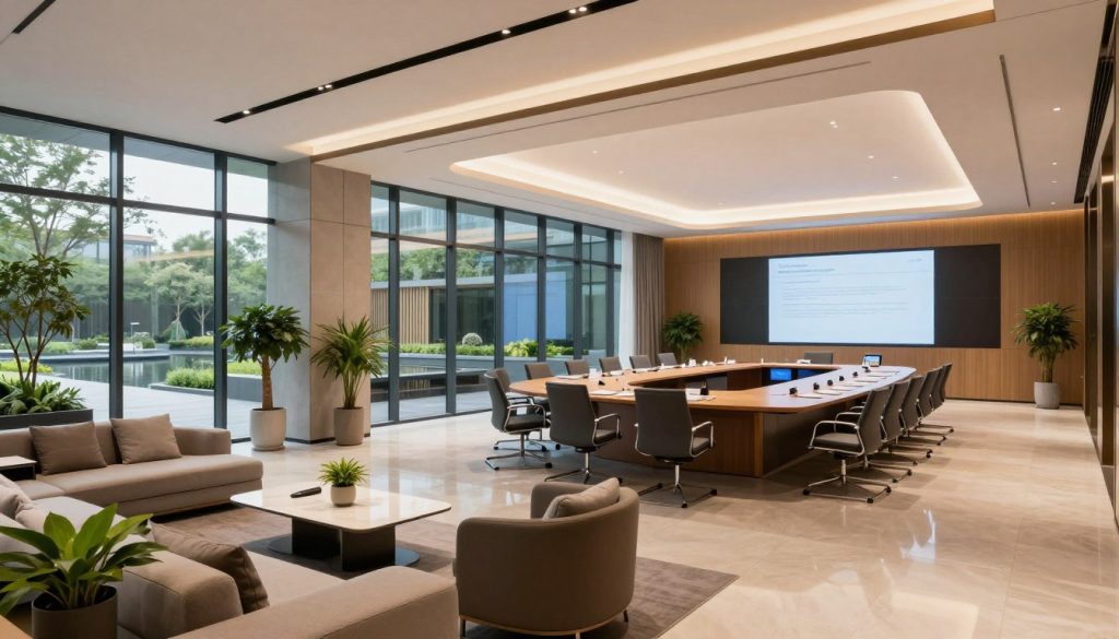 A modern conference venue, showcasing sleek architectural lines and expansive glass windows, filled with natural light. In the foreground, a spacious reception area with stylish seating arrangements, potted greenery, and contemporary décor. The middle ground features a state-of-the-art conference room with a large oval table, comfortable ergonomic chairs, and multi-media presentation equipment. In the background, a serene outdoor terrace visible through glass walls, adorned with elegant landscaping and water features. The lighting is bright and inviting, with a warm color palette that creates a professional yet welcoming atmosphere. The scene exudes a sense of innovation and collaboration, perfect for high-profile business events.