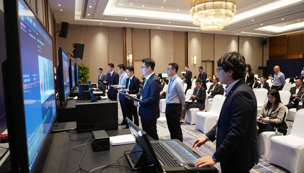 A modern corporate event space at Sutera Hall Tangerang showcasing advanced audio-visual technology. In the foreground, sleek, high-definition screens displaying vibrant graphics, and sophisticated sound equipment organized neatly. In the middle ground, a diverse group of professionals, dressed in smart business attire, engaging with the technology, adjusting controls, and arranging seating for guests. The background features a spacious, elegantly designed hall with soft ambient lighting, highlighting the contemporary architecture and decor. The atmosphere is dynamic yet professional, reflecting an organized and high-tech setting. The camera angle captures both the technological elements and the interaction among the attendees, creating a sense of collaboration and innovation.