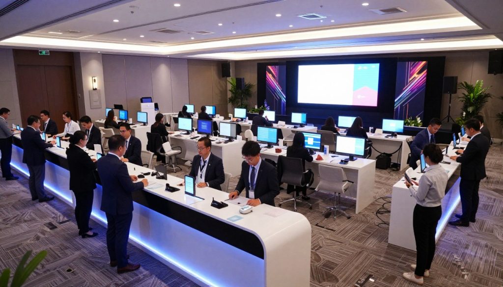 A modern corporate event space in Jakarta, showcasing advanced facilities and supportive technology. In the foreground, a sleek, high-tech registration desk with professionals in business attire welcoming guests. The middle ground features a spacious venue filled with well-organized tables equipped with multimedia displays, projectors, and sound systems, demonstrating top-tier event capabilities. The background shows a large digital screen displaying vibrant graphics, alongside stylish decor, and ambient lighting that creates an inviting atmosphere. The lighting is soft yet bright, enhancing a professional yet friendly mood. The angle is slightly elevated, capturing the layout and engagement of the attendees, ensuring a dynamic and modern feel to the image.