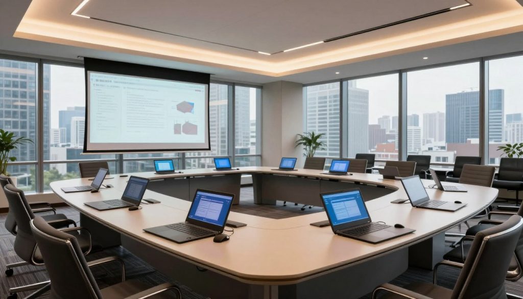 A modern event space with advanced technology designed for professional gatherings. In the foreground, sleek conference tables are arranged in a U-shape, equipped with high-tech audio-visual equipment and touch-screen controls. The middle ground features a sophisticated projector screen, displaying a digital presentation, surrounded by comfortable ergonomic chairs. The background is enhanced by floor-to-ceiling windows showing a city skyline, bathed in natural light during a bright day. Warm ambient lighting casts a welcoming glow throughout the room, accentuating the contemporary decor with minimalist design elements. The overall atmosphere is professional yet inviting, ideal for meetings and conferences, showcasing a perfect blend of functionality and modern aesthetics.