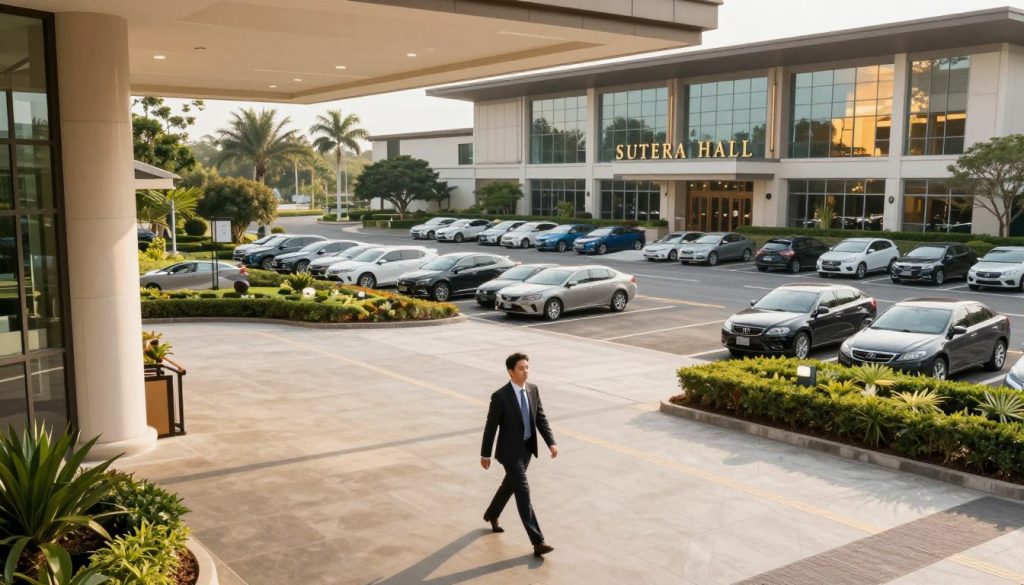 A modern, spacious entrance to Sutera Hall, showcasing easy accessibility with wide, well-maintained pathways. In the foreground, a professional-looking individual in business attire is seen walking confidently towards the entrance, symbolizing ease of access. The middle ground features a large parking area filled with various vehicles, indicating ample space for visitors. Surrounding greenery adds a touch of nature, enhancing the atmosphere. In the background, the elegant architecture of Sutera Hall stands proudly, with large glass windows reflecting sunlight. The image is bathed in warm, natural light, conveying a welcoming and professional mood. The composition is framed from a slightly elevated angle, capturing both the accessibility and the grandeur of the venue.