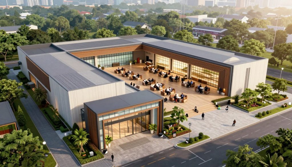 A panoramic view of a modern conference venue located in Alam Sutera, showcasing its strategic accessibility. In the foreground, a well-designed entrance with glass doors and welcoming greenery, inviting attendees. The middle ground features the main conference hall, elegantly designed with large windows allowing natural light to flow in, highlighting comfortable seating arranged for collaboration. Trees and landscaping create a peaceful atmosphere around the venue. In the background, urban elements such as nearby roads and public transport options, subtly illustrated, emphasize easy access. The scene is lit with soft, warm daylight, creating an inviting and professional mood. Use a wide-angle lens perspective to capture the entirety of the venue in a cohesive and engaging manner.