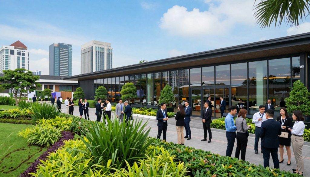 A panoramic view of a modern corporate event venue situated in Alam Sutera, Tangerang, showcasing its strategic location. In the foreground, lush greenery and landscaped gardens enhance the welcoming ambiance, while diverse business professionals in smart casual attire engage in conversation. The middle ground features the sleek architecture of the venue with large glass windows reflecting the vibrant surroundings. In the background, a skyline of contemporary buildings under a bright blue sky creates a dynamic urban atmosphere. Soft, natural lighting bathes the scene, enhancing the professional yet relaxed mood. Capture the scene from a slightly elevated angle to emphasize the integration of nature and modern design, ensuring a clear representation of a prime event location. No text overlays or branding present.