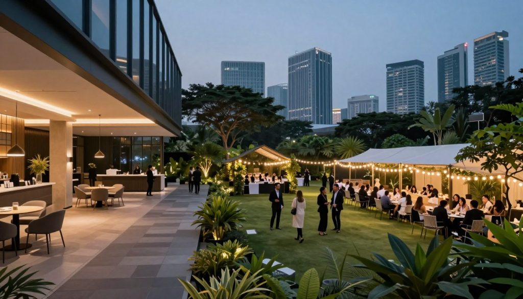 A panoramic view showcasing a corporate event venue comparison in Jakarta and Banten, featuring a sleek, modern indoor space on the left side, adorned with elegant decor, contemporary furniture, and soft ambient lighting. In the middle, an outdoor venue is illustrated, surrounded by lush greenery, with guests mingling under string lights, showcasing a festive atmosphere. In the background, a skyline of Jakarta, with high-rise buildings, represents the urban setting. The lighting transitions from warm hues in the indoor area to the cooler tones of dusk in the outdoor setting. The image should evoke a professional, yet inviting mood, reflecting the nature of corporate gatherings. The composition is shot at a wide-angle to capture the full scale and diversity of the venues without any text or watermarks.