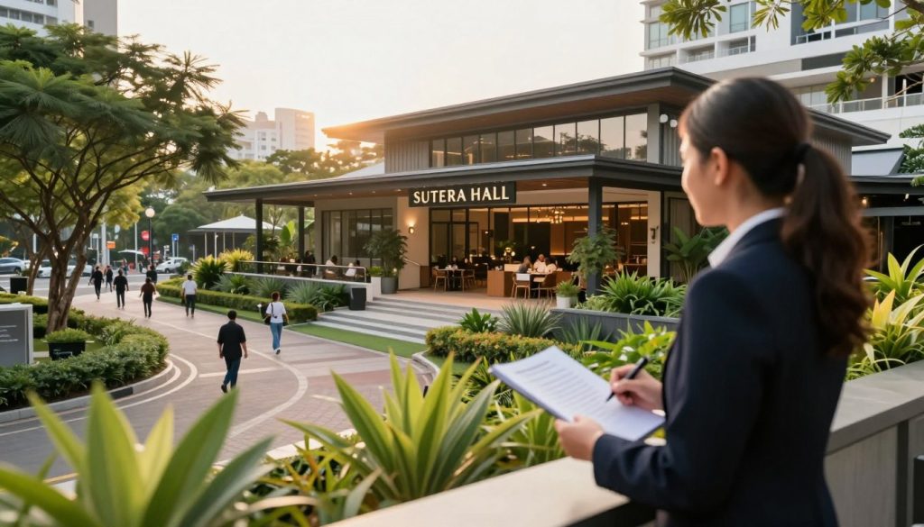 A picturesque view of Sutera Hall, nestled in a vibrant urban landscape, showcasing its strategic location. In the foreground, a professional event planner is discussing logistics, dressed in business attire. The middle ground features Sutera Hall, an elegant venue with modern architecture, surrounded by lush greenery and well-maintained pathways. In the background, an inviting street scene with neatly lined trees and people walking, embodying a lively yet professional atmosphere. The scene is bathed in warm, golden hour lighting, enhancing the welcoming feel. Use a shallow depth of field to emphasize the planner and Sutera Hall, capturing the essence of accessibility and appeal for events. A picturesque view of Sutera Hall, nestled in a vibrant urban landscape, showcasing its strategic location. In the foreground, a professional event planner is discussing logistics, dressed in business attire. The middle ground features Sutera Hall, an elegant venue with modern architecture, surrounded by lush greenery and well-maintained pathways. In the background, an inviting street scene with neatly lined trees and people walking, embodying a lively yet professional atmosphere. The scene is bathed in warm, golden hour lighting, enhancing the welcoming feel. Use a shallow depth of field to emphasize the planner and Sutera Hall, capturing the essence of accessibility and appeal for events.