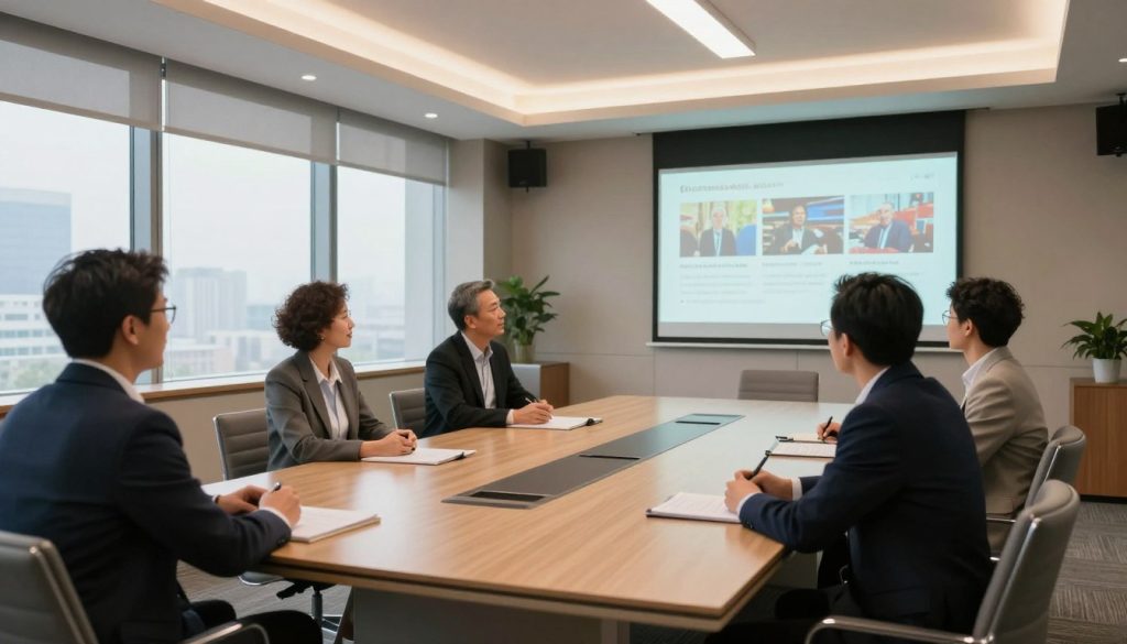 A polished conference room featuring a modern, multifunctional space designed for meetings and conferences. In the foreground, a diverse group of professionals—two men and two women—are engaged in a discussion, dressed in smart business attire. The middle of the room showcases a large, elegant table surrounded by stylish chairs, with a sleek projector on the wall displaying vibrant imagery of past events. In the background, large windows let in natural light, creating a warm and inviting atmosphere. Soft lighting from contemporary ceiling fixtures adds a professional feel. The overall mood is positive and inspiring, capturing the essence of client testimonials and experiences in a sophisticated setting.