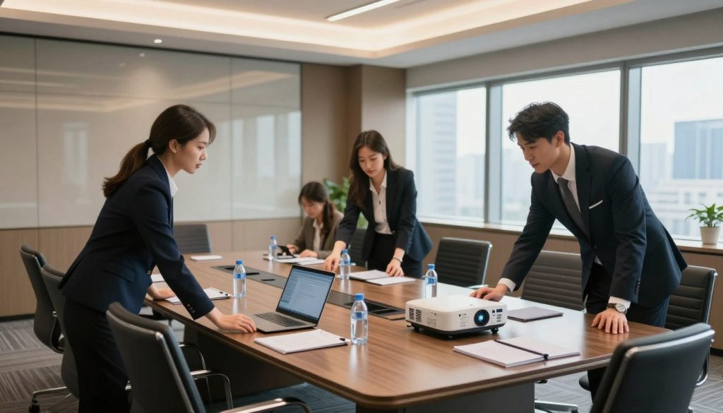 A professional event support team actively engaged in a seamless meeting setup within a sleek, modern conference room. In the foreground, a diverse group of three professionals in smart business attire, including a woman setting up a projector and a man adjusting seating arrangements, demonstrating their teamwork. The middle ground features a large, elegant meeting table adorned with digital devices, notepads, and water bottles, reflecting meticulous preparation. In the background, floor-to-ceiling windows allow natural light to flood the room, showcasing a city skyline. The atmosphere is efficient and focused, conveying professionalism and collaboration. Use soft, warm lighting to enhance a welcoming ambiance, captured from a slightly elevated angle to highlight the teamwork and sophisticated environment.