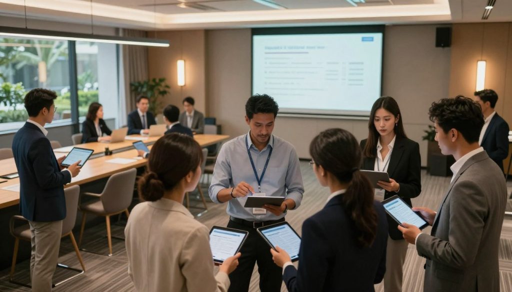 A professional onsite team providing support at a corporate event. In the foreground, a diverse group of professionals dressed in business attire, engaged in discussions while reviewing event layouts on tablets. The middle ground features a modern, elegantly decorated conference hall with stylish chairs, ambient lighting, and a projector screen displaying the event schedule. In the background, large windows showcase a view of greenery outside, allowing natural light to filter in, enhancing the atmosphere of efficiency and collaboration. The overall mood is one of professionalism and teamwork, with a warm color palette to convey a welcoming environment. The image is captured from a slightly elevated angle to give a comprehensive view of the scene.