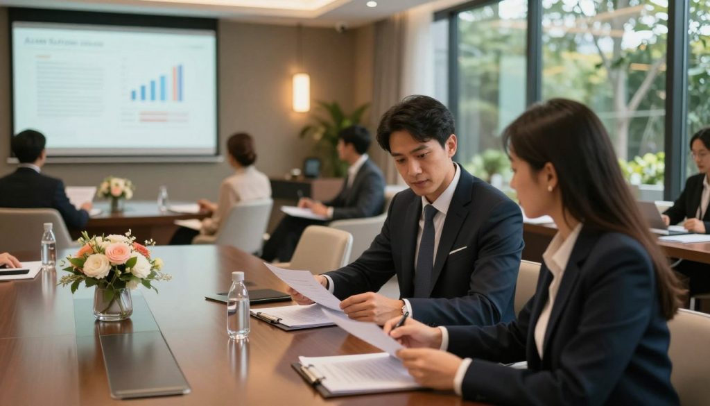 A professional seminar setting in Alam Sutera, showcasing a diverse team of professionals engaged in collaborative discussions. In the foreground, two business professionals, one male and one female, are reviewing documents on a sleek conference table, dressed in smart business attire. The middle ground features an elegant set-up with modern seminar furniture, a projector screen displaying graphs and charts, and tasteful floral arrangements. The background includes large windows that allow natural light to flood in, highlighting the lush greenery outside. The overall atmosphere should feel inviting and sophisticated, emphasizing a productive and supportive environment, ideal for seminars and corporate events. The lighting is warm and inviting, captured with a slight depth of field to enhance the focus on the foreground.