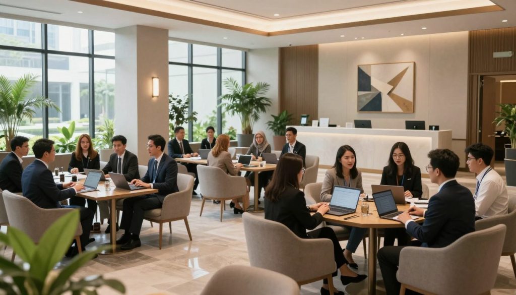 A professional seminar venue set in Alam Sutera, featuring the Sutera Hall as the central focus. In the foreground, a spacious and elegantly designed interior with modern furnishings, large windows letting in natural daylight, and plants for a fresh ambiance. In the middle ground, a diverse group of attendees in professional business attire, engaged in discussion, with laptops and notebooks, conveying an atmosphere of collaboration and innovation. The background highlights soothing, neutral-toned walls adorned with tasteful art, and an inviting registration desk. The lighting is bright yet soft, creating a welcoming environment. Capture this scene from a slightly elevated angle, emphasizing the layout and accessibility of the venue, reflecting a vibrant and professional atmosphere ideal for seminars and events.