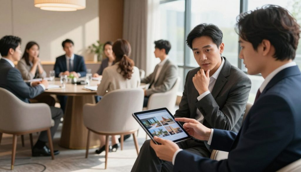A professional setting showcasing a diverse group of individuals engaged in a discussion about choosing the right venue. In the foreground, a well-dressed man and woman are examining a tablet displaying venue options, with thoughtful expressions. In the middle ground, a stylish conference room featuring elegant furniture is partially visible, invoking a sense of sophistication. The background includes large windows allowing natural light to flood the space, casting soft shadows. The atmosphere exudes professionalism and collaboration, emphasizing the importance of selecting an appropriate venue. The lighting is bright yet warm, creating an inviting and conducive environment for decision-making. The overall image captures the essence of strategic planning for a corporate event at a venue like Sutera Hall, highlighting key aspects to consider when choosing a venue that suits specific needs. A professional setting showcasing a diverse group of individuals engaged in a discussion about choosing the right venue. In the foreground, a well-dressed man and woman are examining a tablet displaying venue options, with thoughtful expressions. In the middle ground, a stylish conference room featuring elegant furniture is partially visible, invoking a sense of sophistication. The background includes large windows allowing natural light to flood the space, casting soft shadows. The atmosphere exudes professionalism and collaboration, emphasizing the importance of selecting an appropriate venue. The lighting is bright yet warm, creating an inviting and conducive environment for decision-making. The overall image captures the essence of strategic planning for a corporate event at a venue like Sutera Hall, highlighting key aspects to consider when choosing a venue that suits specific needs.