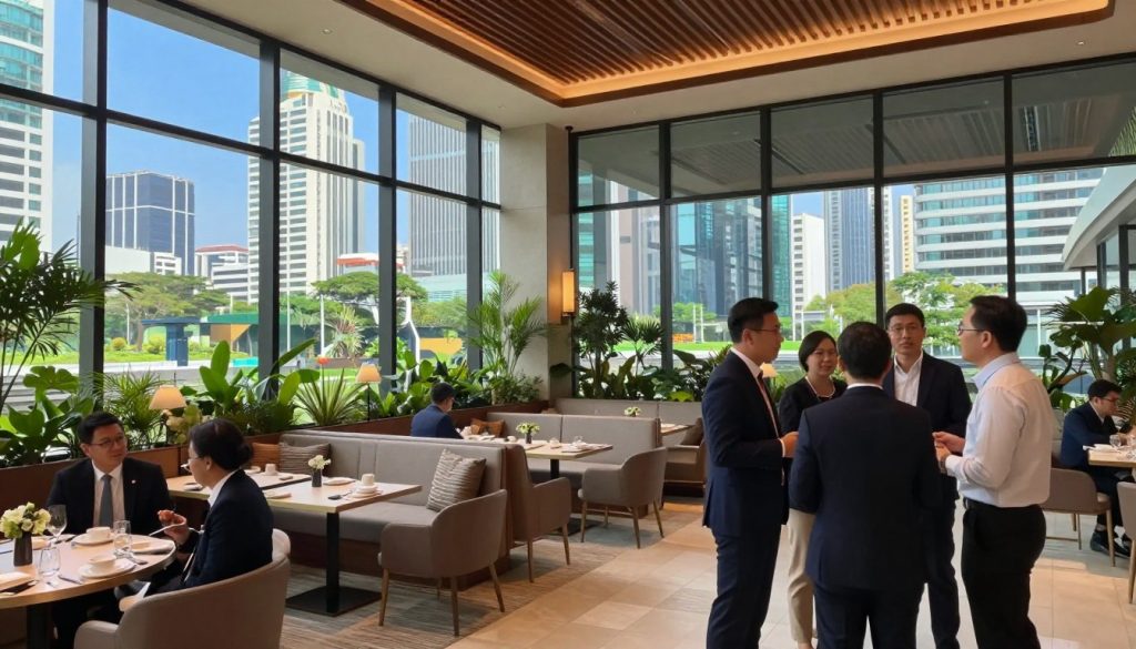 A sophisticated and elegant event space located in South Jakarta, showcasing modern architecture with large glass windows reflecting the vibrant cityscape. In the foreground, a well-dressed professional mingles with colleagues, dressed in business attire, discussing plans for a corporate event, exuding a sense of collaboration and community. The middle section reveals stylish seating arrangements adorned with tasteful decorations, while the background features lush greenery and a skyline of modern buildings under a clear blue sky, creating a serene and inviting atmosphere. Soft, natural lighting highlights the warmth of the space, creating an inviting ambiance. The perspective is slightly angled, emphasizing depth and drawing the viewer into this ideal venue setting. A sophisticated and elegant event space located in South Jakarta, showcasing modern architecture with large glass windows reflecting the vibrant cityscape. In the foreground, a well-dressed professional mingles with colleagues, dressed in business attire, discussing plans for a corporate event, exuding a sense of collaboration and community. The middle section reveals stylish seating arrangements adorned with tasteful decorations, while the background features lush greenery and a skyline of modern buildings under a clear blue sky, creating a serene and inviting atmosphere. Soft, natural lighting highlights the warmth of the space, creating an inviting ambiance. The perspective is slightly angled, emphasizing depth and drawing the viewer into this ideal venue setting.