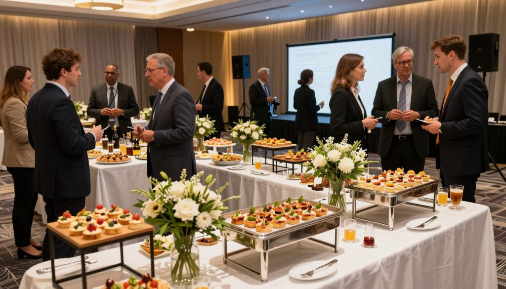 A sophisticated catering setup in an elegant corporate event space. In the foreground, a beautifully arranged buffet table, adorned with fresh flowers, gourmet dishes, and stylish serving ware. In the middle ground, diverse professionals in business attire engaging in conversation while enjoying canapés and beverages. The background features a well-lit event hall decorated with tasteful drapes and modern AV equipment, creating a warm and inviting atmosphere. Soft, ambient lighting highlights the food and decorations, creating an inviting glow. The scene conveys a sense of professionalism, collaboration, and celebration, ideal for a corporate gathering. The angle is slightly elevated, showcasing the entire setup while emphasizing the seamless blend of catering services and event essentials.