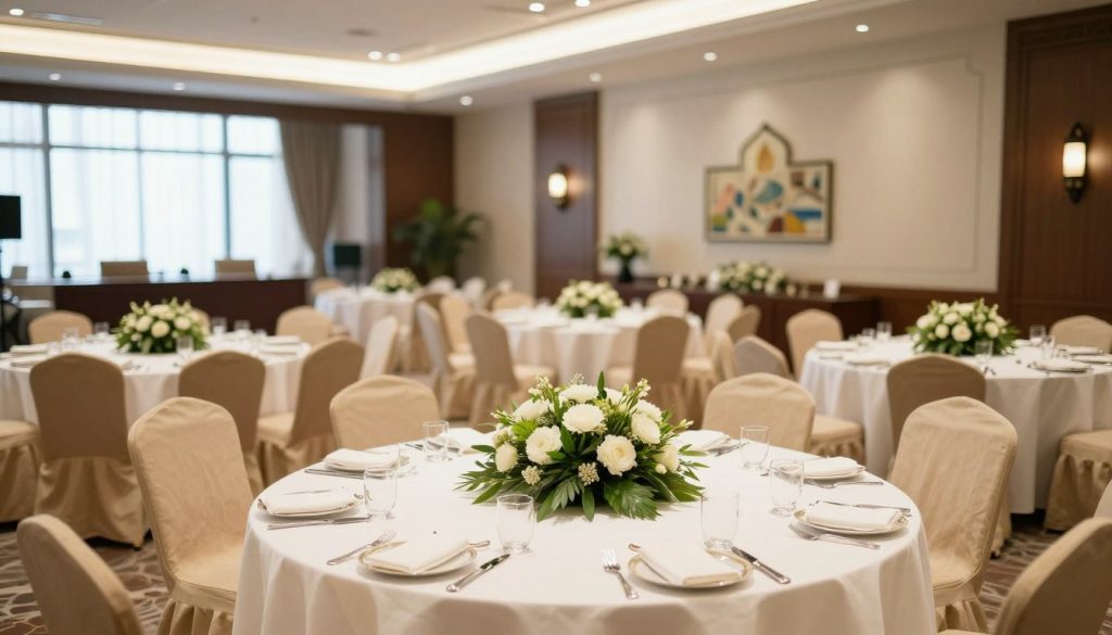 A sophisticated corporate venue set for a "Halal Bihalal" gathering. In the foreground, an elegantly decorated table with a beautiful floral centerpiece featuring white and green hues, surrounded by neatly arranged chairs draped in modest fabrics. In the middle ground, a spacious hall with tasteful lighting that creates an inviting atmosphere, featuring large windows allowing soft natural light to seep in. The background showcases tasteful wall art and a subtle Islamic motif. The mood is festive yet professional, emphasizing camaraderie and community. Capture the scene from a slightly elevated angle to provide depth and context, highlighting the venue's spaciousness and elegant aesthetics. Ensure no people are depicted, focusing solely on the venue's inviting setup. A sophisticated corporate venue set for a "Halal Bihalal" gathering. In the foreground, an elegantly decorated table with a beautiful floral centerpiece featuring white and green hues, surrounded by neatly arranged chairs draped in modest fabrics. In the middle ground, a spacious hall with tasteful lighting that creates an inviting atmosphere, featuring large windows allowing soft natural light to seep in. The background showcases tasteful wall art and a subtle Islamic motif. The mood is festive yet professional, emphasizing camaraderie and community. Capture the scene from a slightly elevated angle to provide depth and context, highlighting the venue's spaciousness and elegant aesthetics. Ensure no people are depicted, focusing solely on the venue's inviting setup.