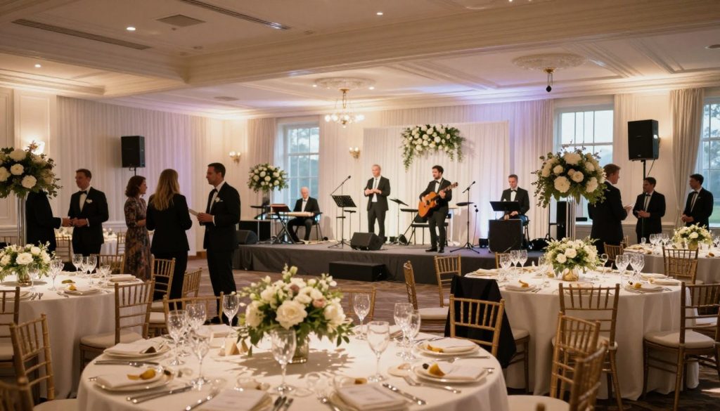 A spacious and elegantly designed wedding hall filled with soft, ambient lighting, creating a romantic atmosphere. In the foreground, a beautifully arranged banquet table with floral centerpieces, white tablecloths, and crystal glassware. The middle ground features a stage adorned with musical instruments and decor, suggesting the versatility of hosting both weddings and concerts. In the background, large windows allow soft daylight to stream in, illuminating the hall’s high ceilings and tasteful decorations. Professional guests in business attire are mingling, enjoying the elegant setting, while a performer is setting up on stage. The overall mood is celebratory and sophisticated, emphasizing the event’s upscale nature and adaptability for various types of gatherings.